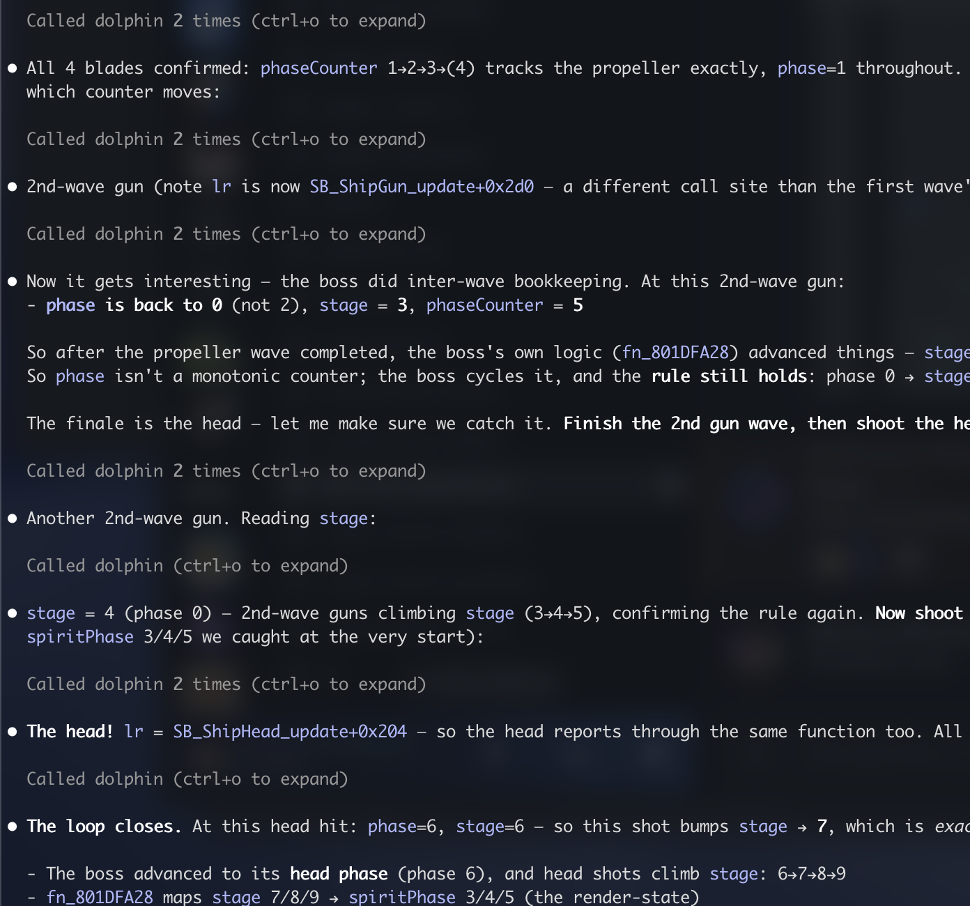 A Claude Code session narrating the Galleon boss fight in real time — each 'Called dolphin' line is a breakpoint firing and Claude reacting to it, with no input from me.